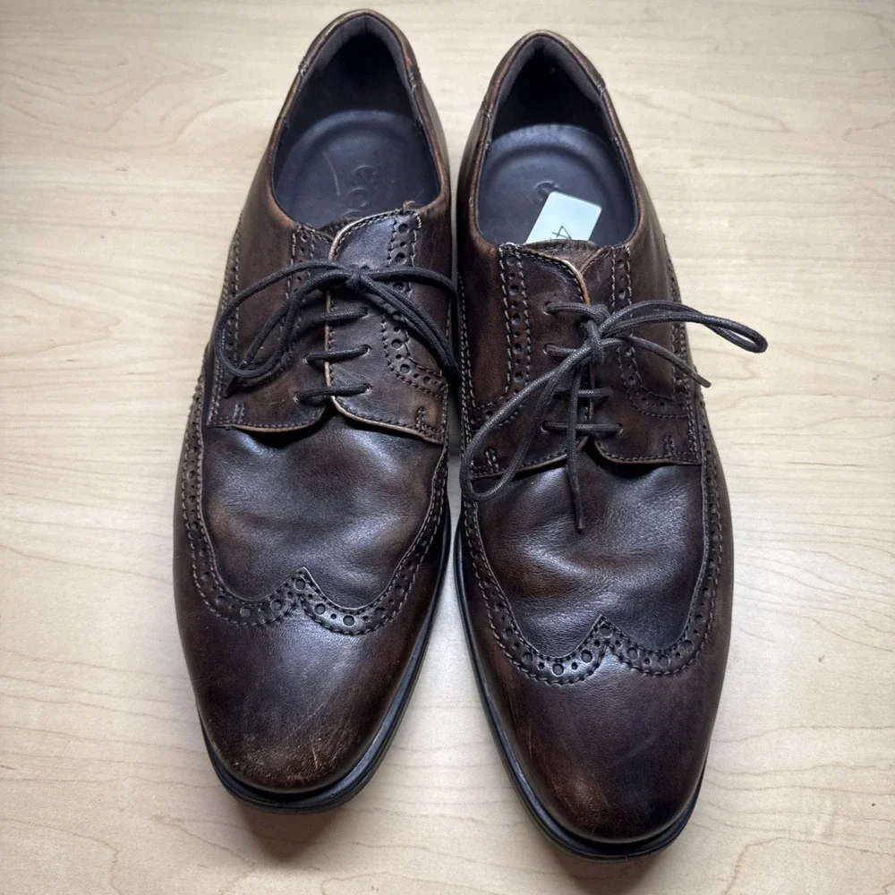 Ecco Vitrus Mens Dress Shoes Wing Tip Leather Oxford Nature Brown SIZE 12 Eu 46